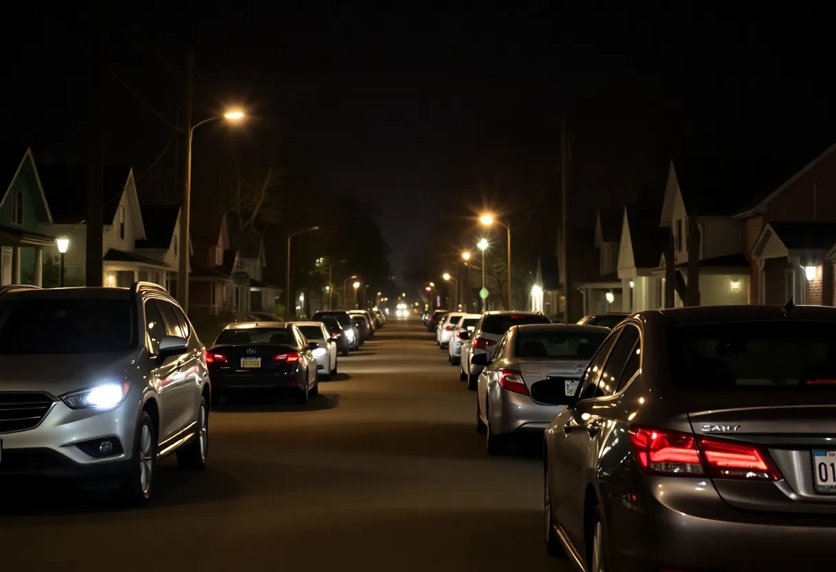 Nighttime image of Parkway Village neighborhood with parked cars and street lights.