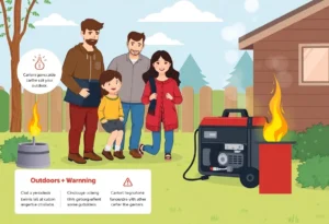 Illustration of a family using a generator outdoors with safety tips about carbon monoxide poisoning.