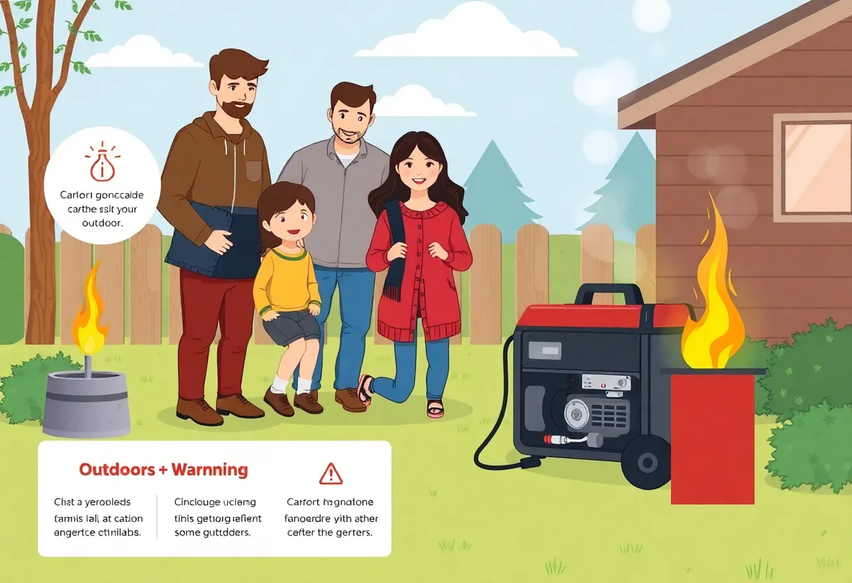 Illustration of a family using a generator outdoors with safety tips about carbon monoxide poisoning.