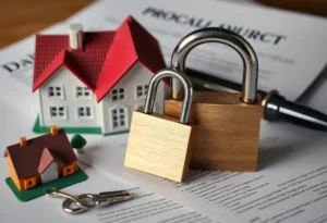 Illustration representing property fraud with homes and legal documents.