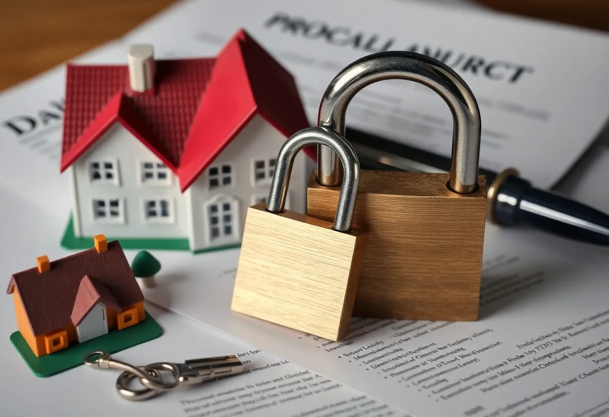 Illustration representing property fraud with homes and legal documents.