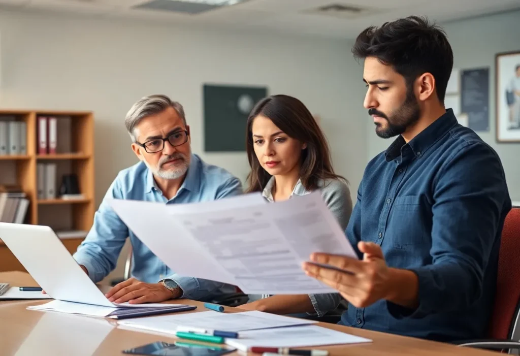 Concerned small business owners reviewing health insurance documents.