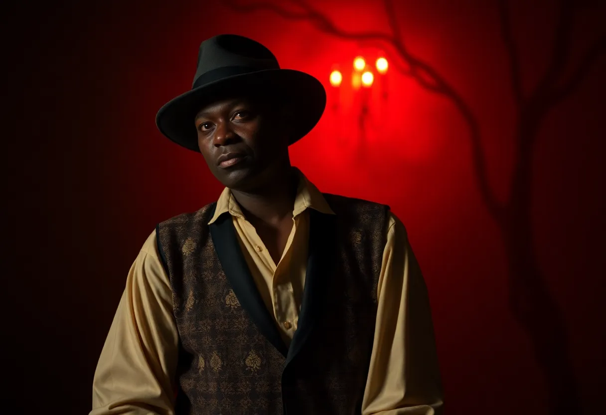 Artistic depiction of the film Sinners with themes of blues music and vampires