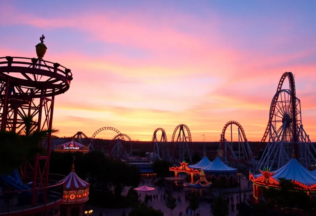 A vibrant view of Six Flags Over Texas showcasing rides and attractions during sunset