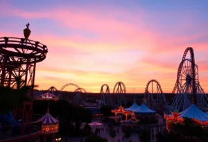 A vibrant view of Six Flags Over Texas showcasing rides and attractions during sunset