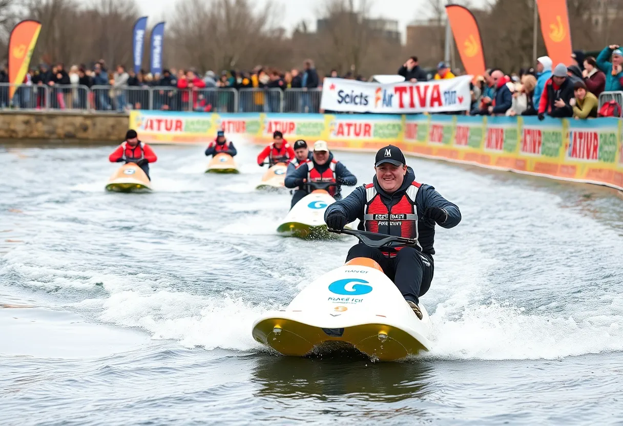 Participants water-skiing in the Mississippi River for charity at the Ski Freeze event.