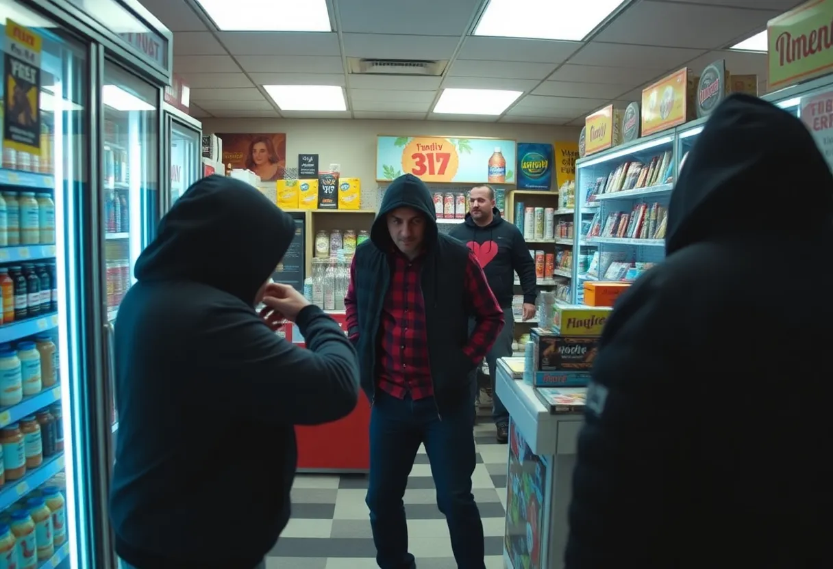 Interior of a convenience store during a robbery attempt