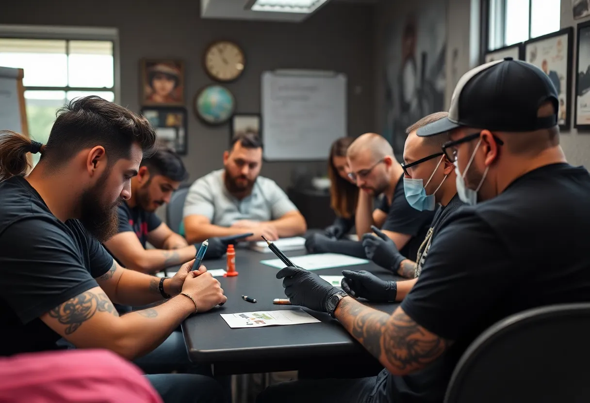 Tattoo artists participating in a workshop for human trafficking awareness.
