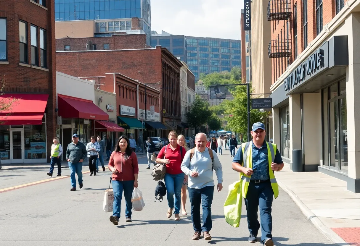 Workers in a bustling Tennessee cityscape representing a strong job market.