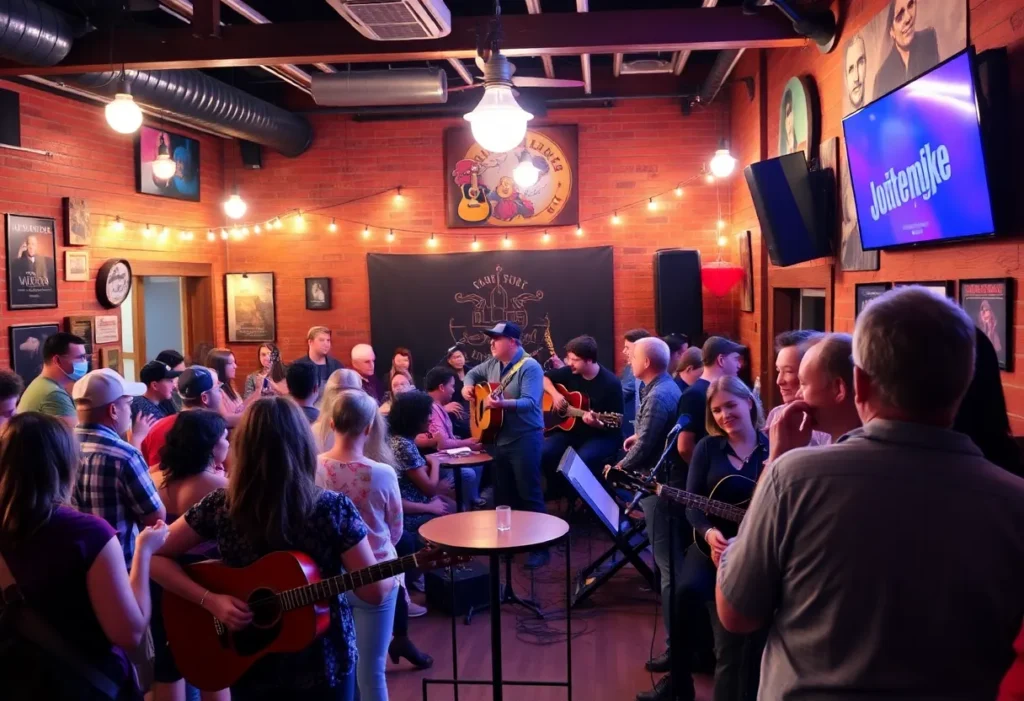 Aspiring songwriters performing at a Tennessee music venue during the Songwriters Week celebration.