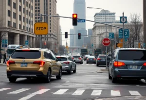 Busy city intersection with vehicles and pedestrians in Memphis