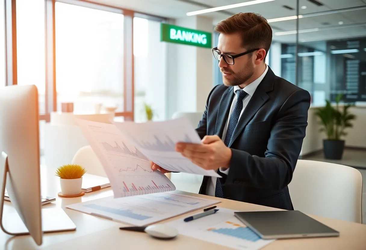 Financial analyst examining charts in a banking office