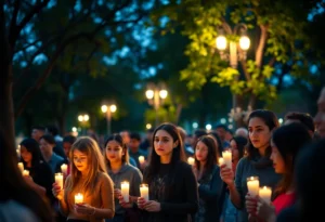 A community gathering at night with candles for Tyre Nichols