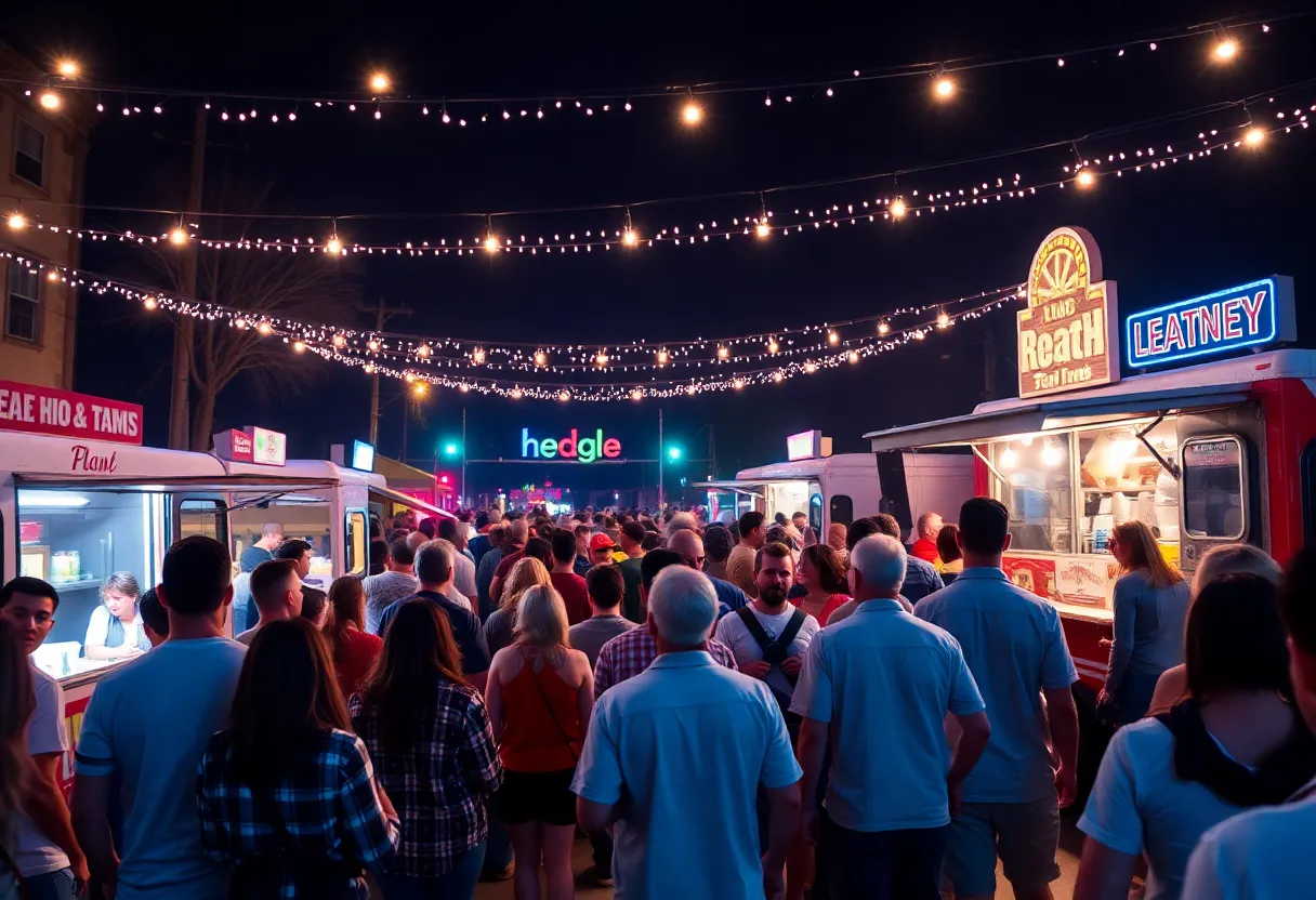 Vibrant community celebration during New Year's Eve in West Tennessee with people enjoying live music and food.