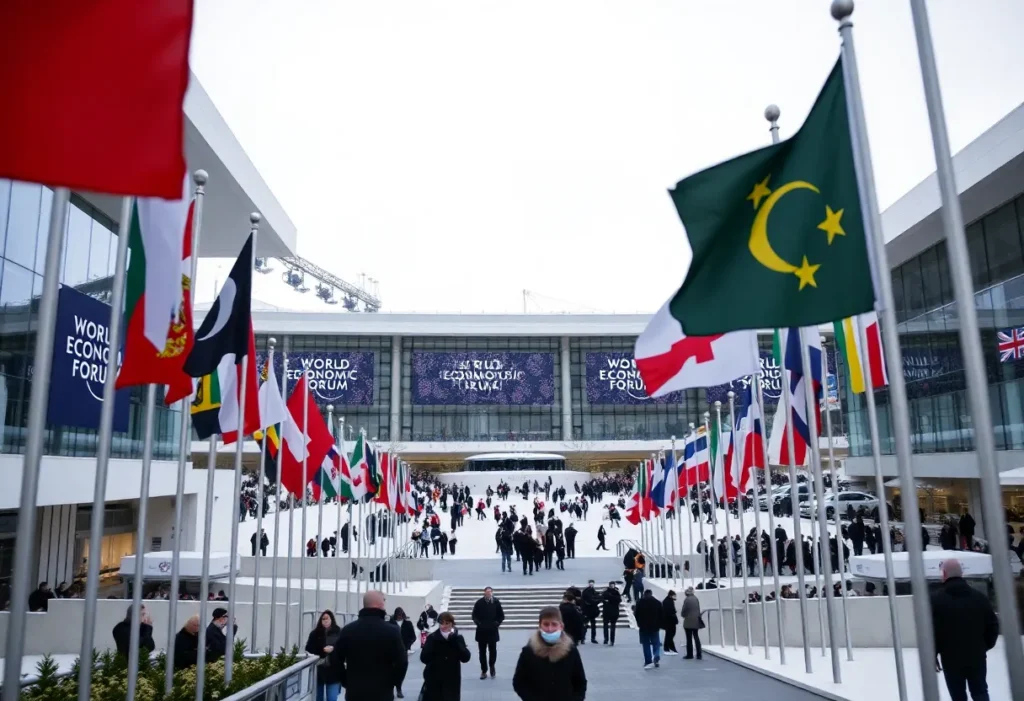 View of the World Economic Forum with international flags.