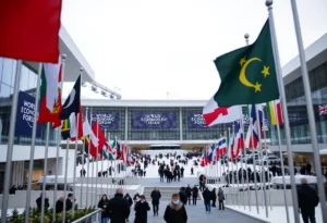 View of the World Economic Forum with international flags.