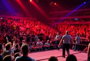 Fans cheering at a WWE event with wrestlers in the ring.