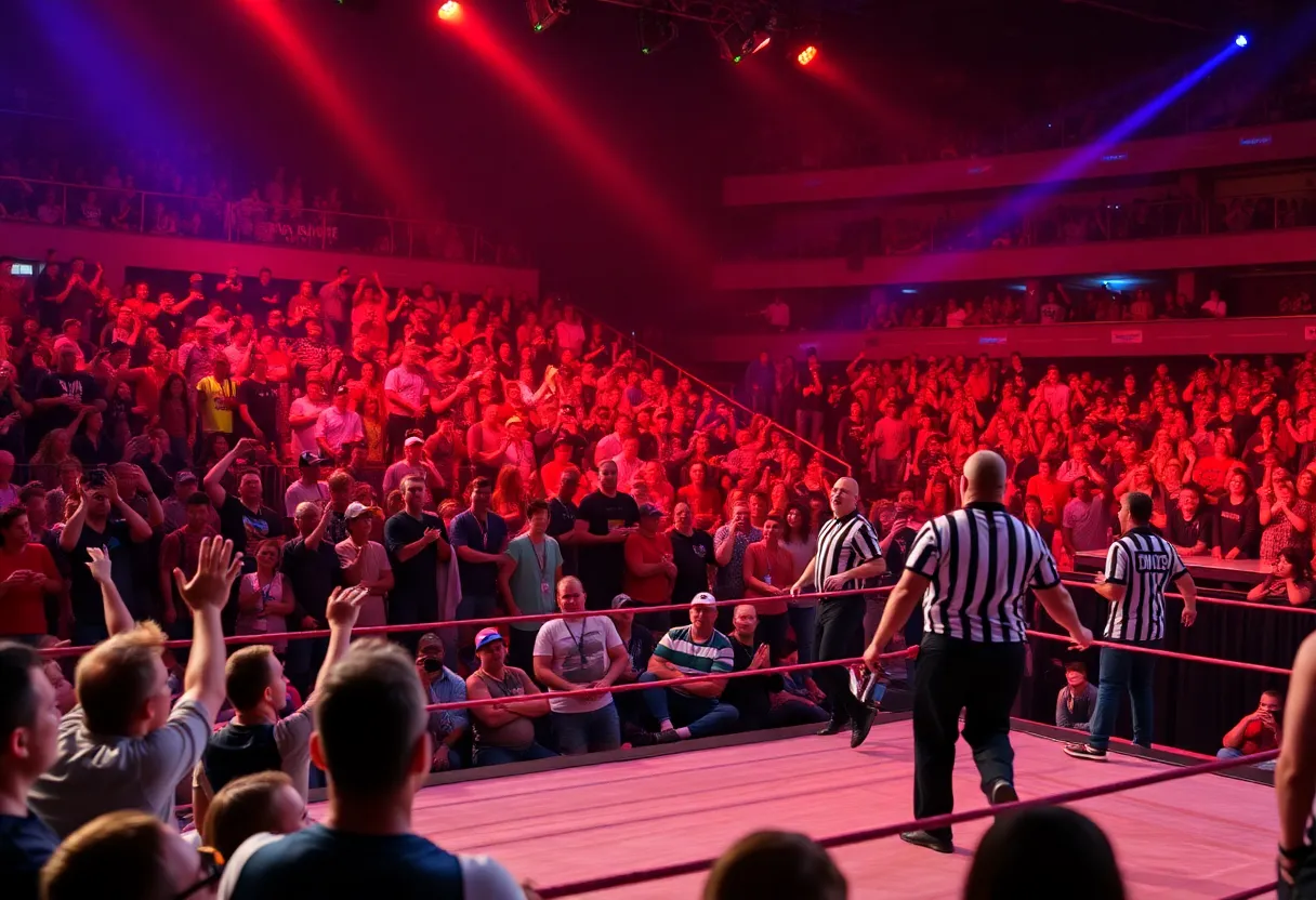 Fans cheering at a WWE event with wrestlers in the ring.
