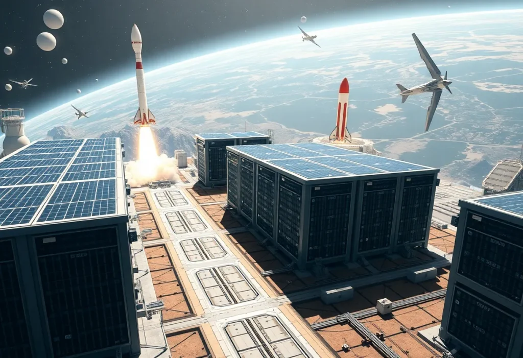 A futuristic depiction of solar-powered space-based data centers with aerospace technology.