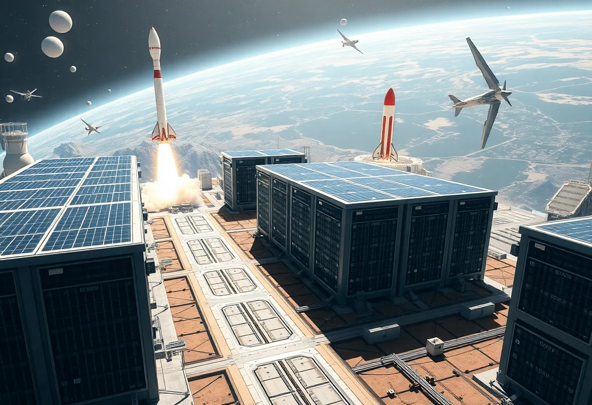 A futuristic depiction of solar-powered space-based data centers with aerospace technology.