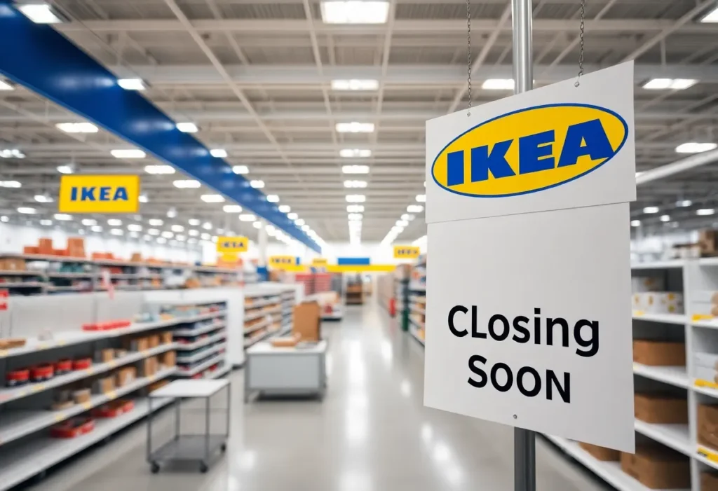 IKEA store with a closing announcement sign