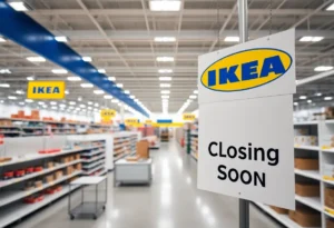 IKEA store with a closing announcement sign