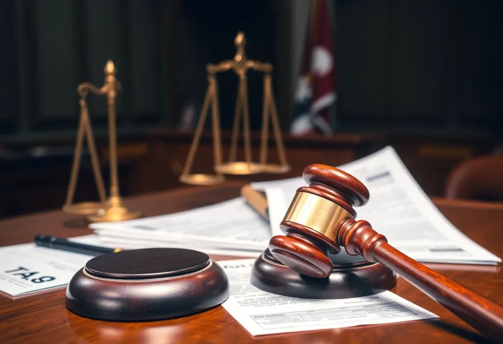 Courtroom scene representing tax fraud sentencing