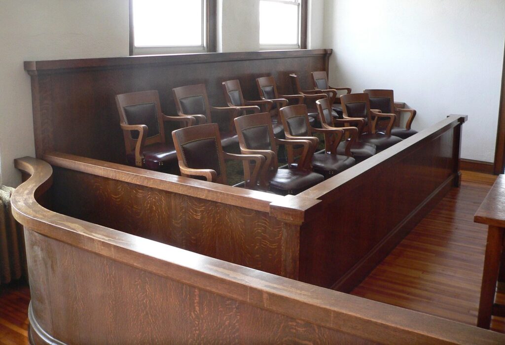 Jury box in an empty courtroom