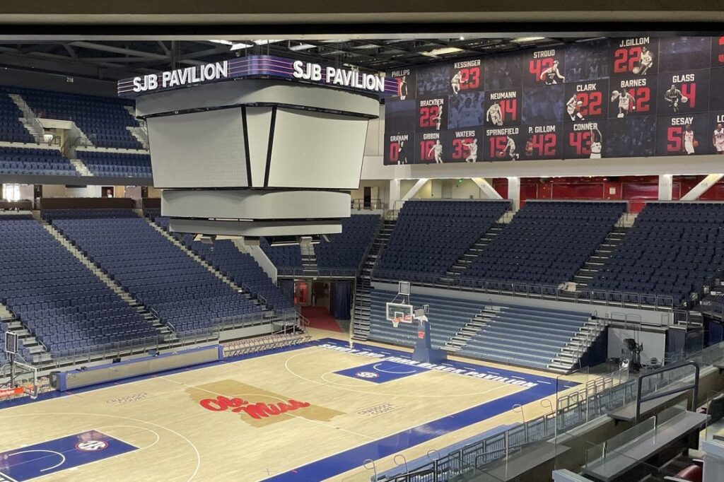 Indoor basketball court with hardwood floor
